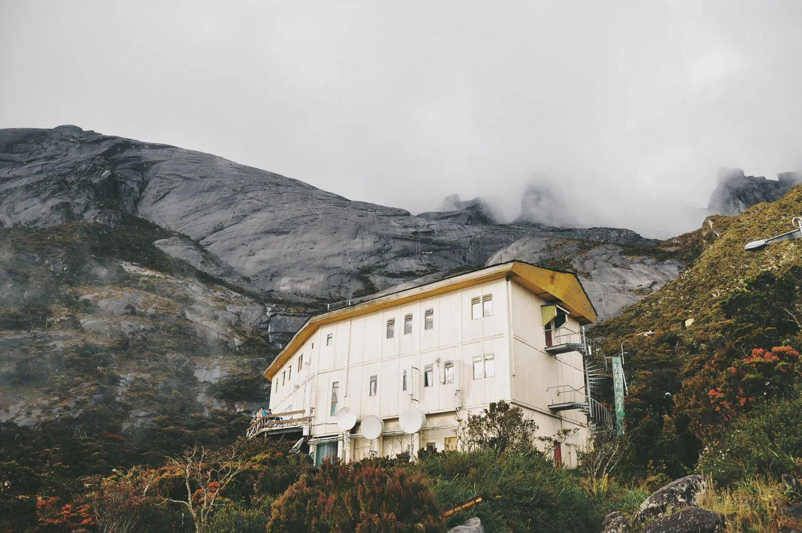Laban Rata rest house below the misty granite slopes of Mount Kinabalu
