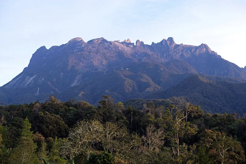 Mount Kinabalu at sunrise above forest, seen from Kundasang